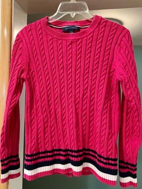 Tommy Hilfiger Bright Pink Cable Knit Crew Sweater with Navy & White Stripes